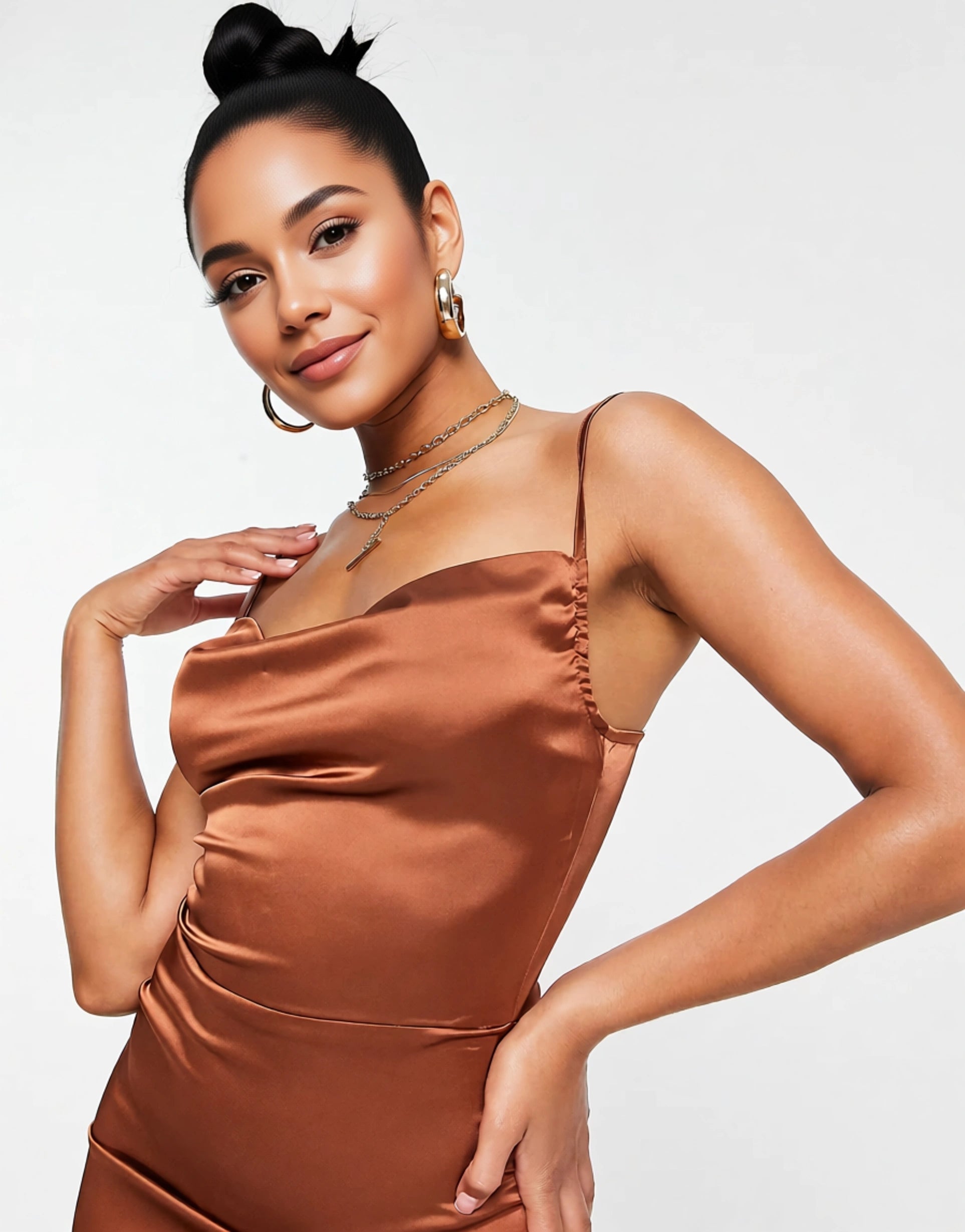 Parisian Petite Womens Satin Cami Strap Mini Dress With Cowl Neck in Capuccino In Brown