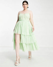 Lace & Beads Plus Womens Corset Tiered Tulle Midi Dress in Pastel Geen