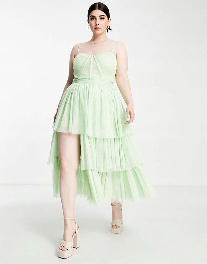 Lace & Beads Plus Womens Corset Tiered Tulle Midi Dress in Pastel Geen