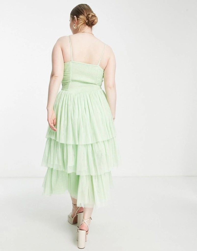 Lace & Beads Plus Womens Corset Tiered Tulle Midi Dress in Pastel Geen