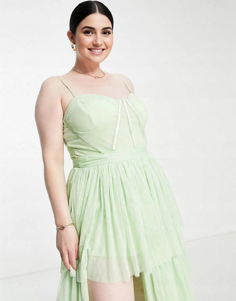 Lace & Beads Plus Womens Corset Tiered Tulle Midi Dress in Pastel Geen