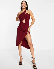 TRENDYOL Women's One Shoulder Midi Dress With Split in Burgundy In Red