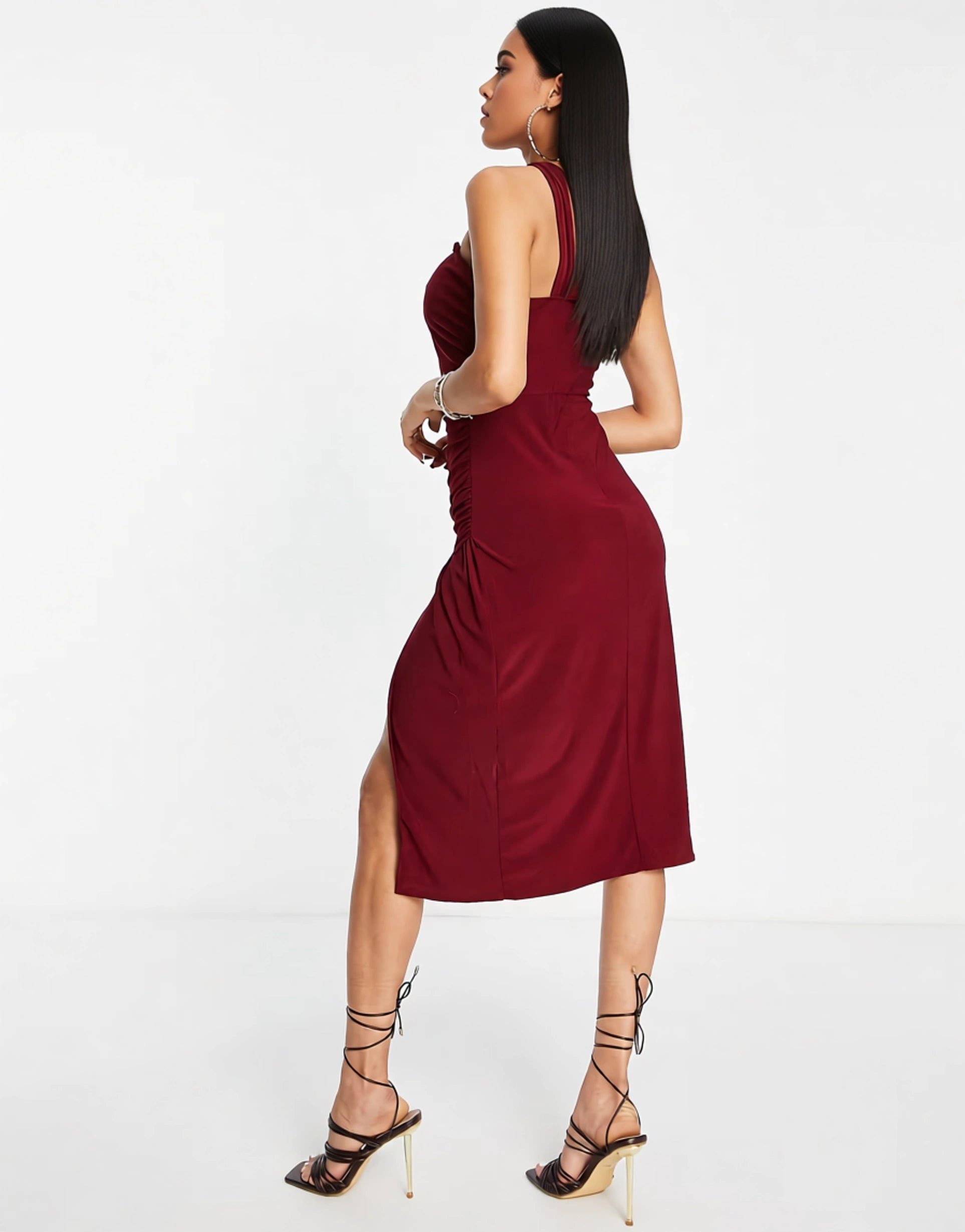 TRENDYOL Women's One Shoulder Midi Dress With Split in Burgundy In Red