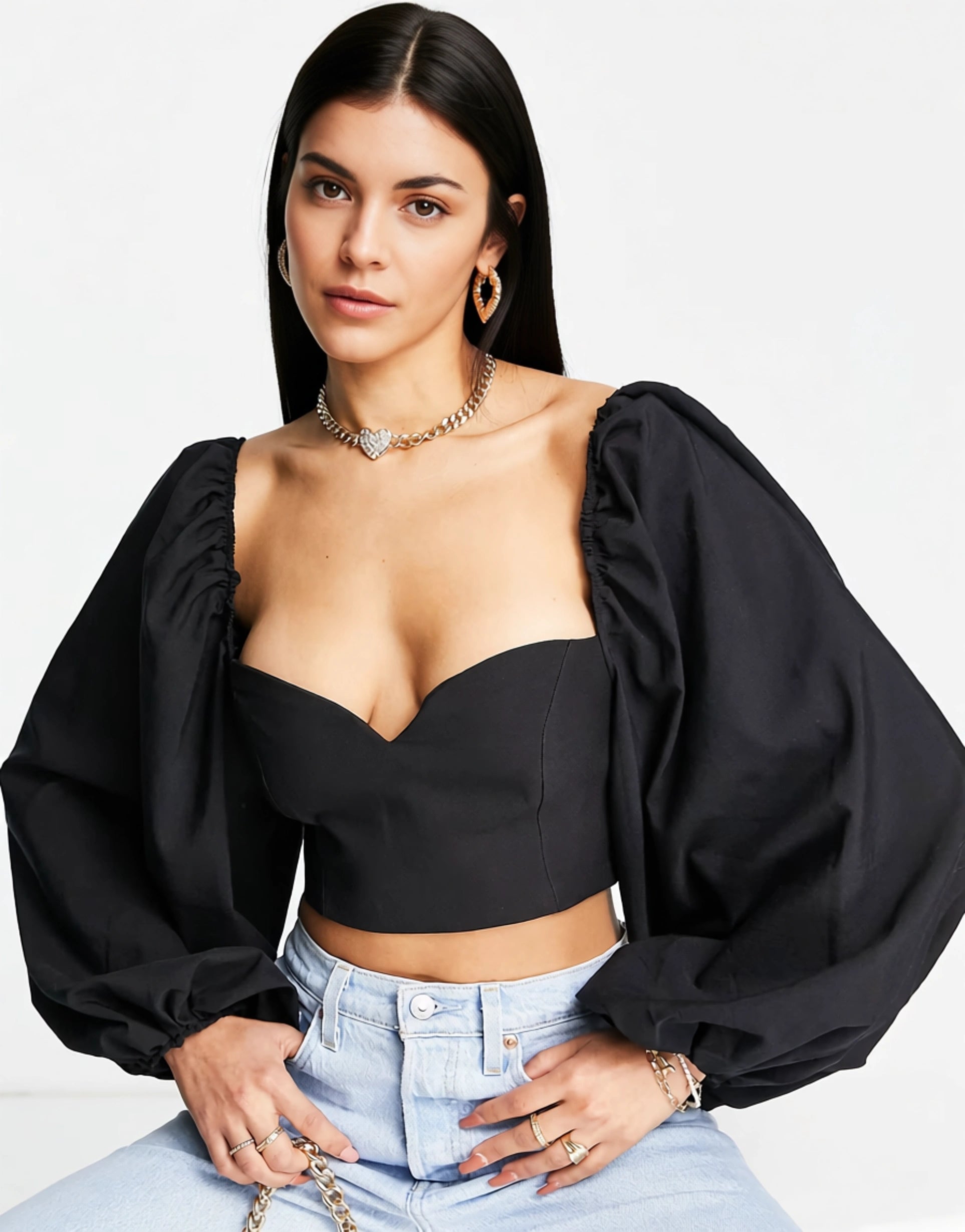 TRENDYOL Women's Milkmaid Blouse With Balloon Sleeves In Black