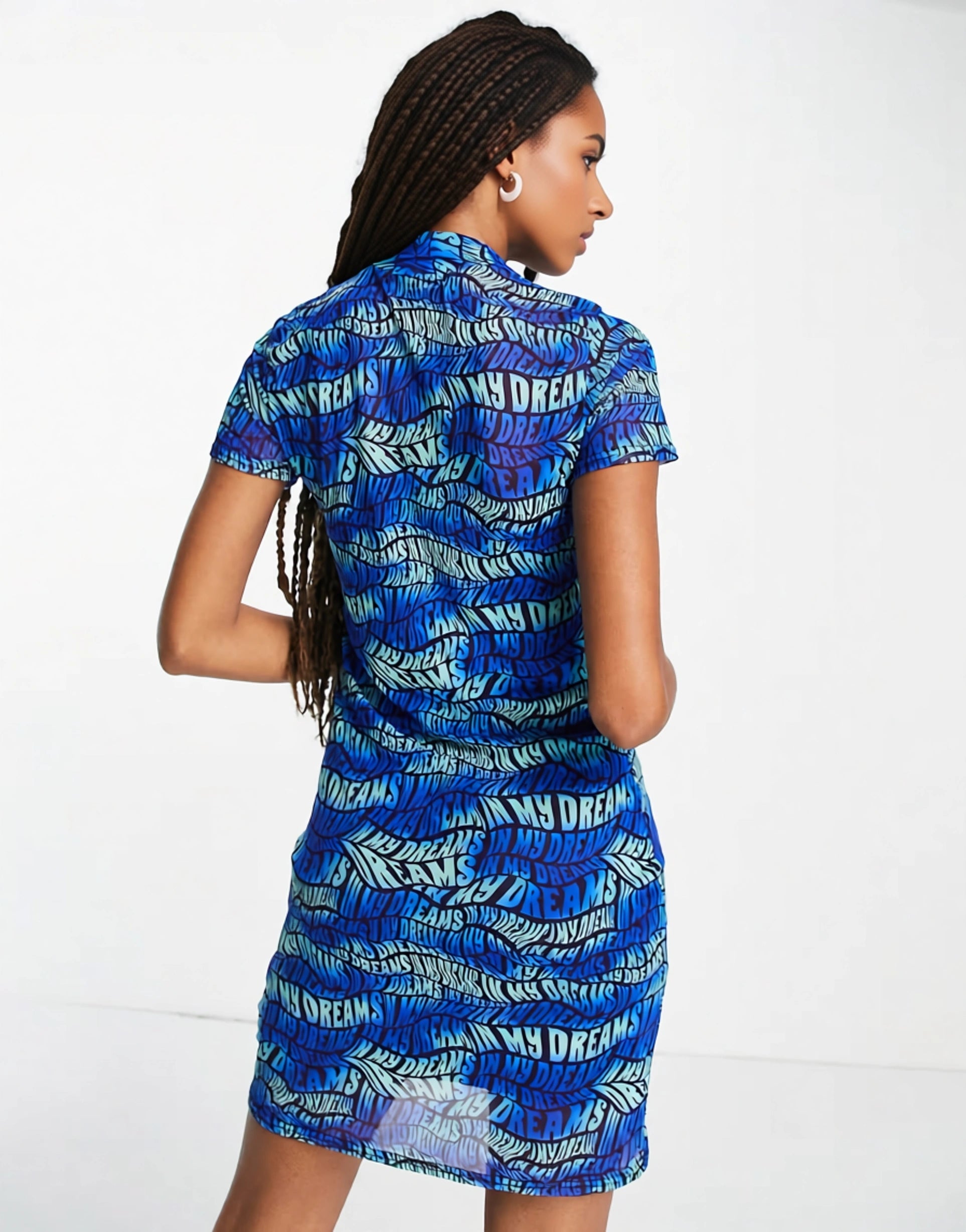 Daisy Street Womens Button Front T-Shirt Mini Dress in Wavy Blue Text Print Mesh