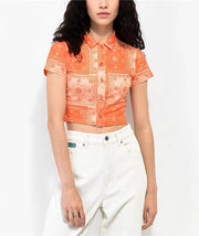 Daisy Street Womens Button Front Collar Detail Crop Top in Orange Bandana Co-Ord In Orange
