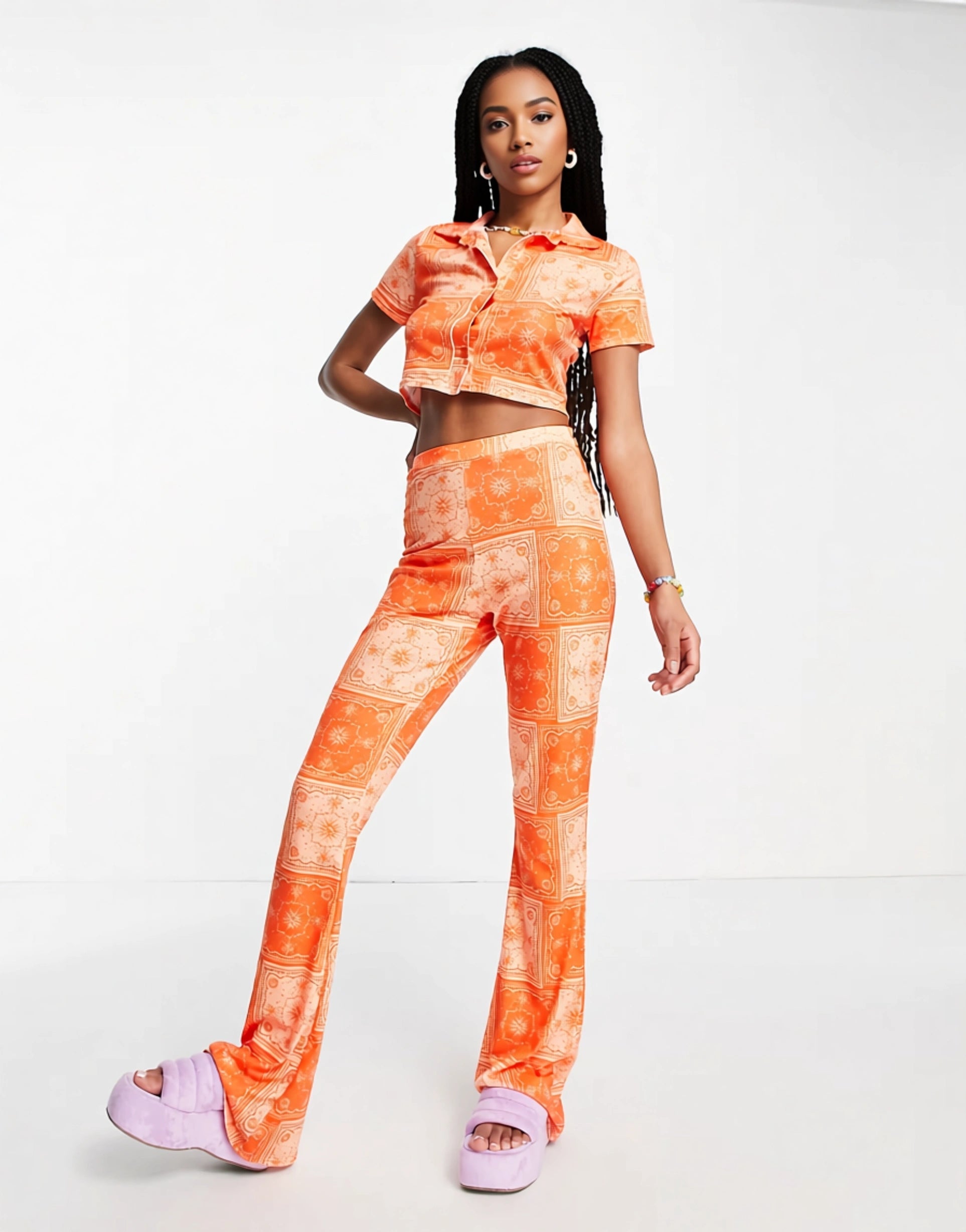 Daisy Street Womens High Waisted Flare Trousers in Orange Bandana Co-Ord