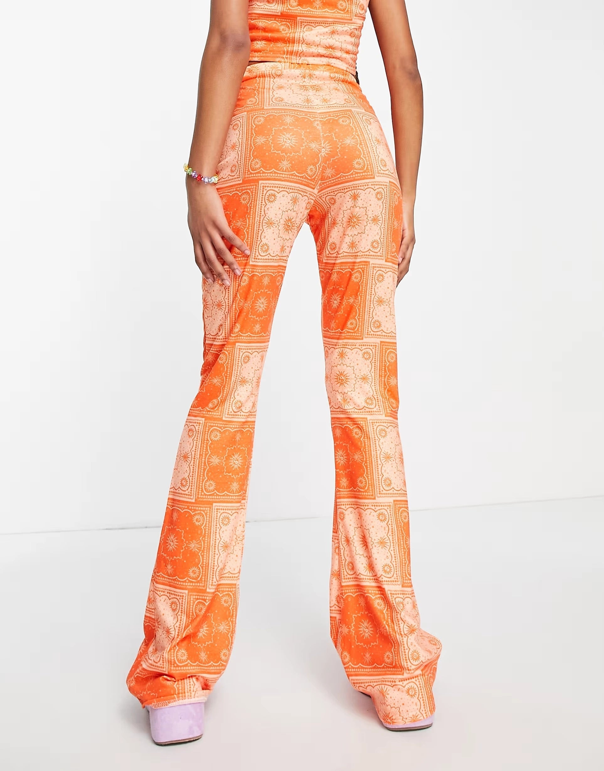 Daisy Street Womens High Waisted Flare Trousers in Orange Bandana Co-Ord