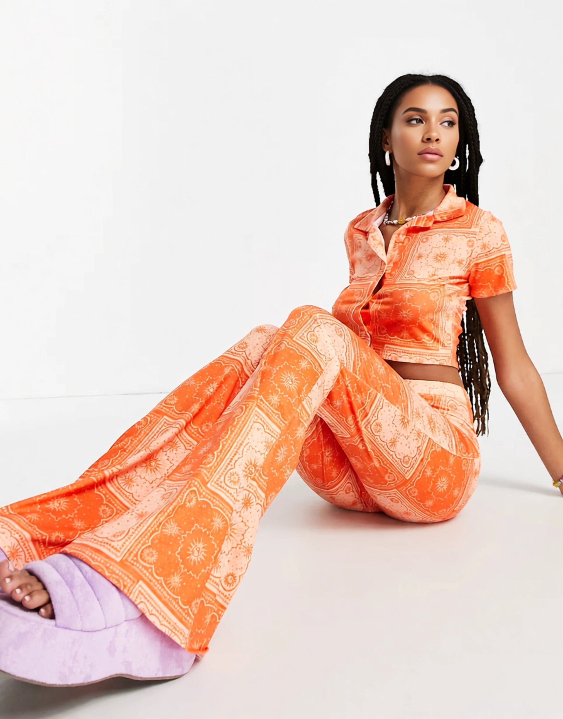 Daisy Street Womens High Waisted Flare Trousers in Orange Bandana Co-Ord