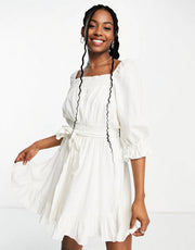 Forever New puff sleeve mini dress in porcelain