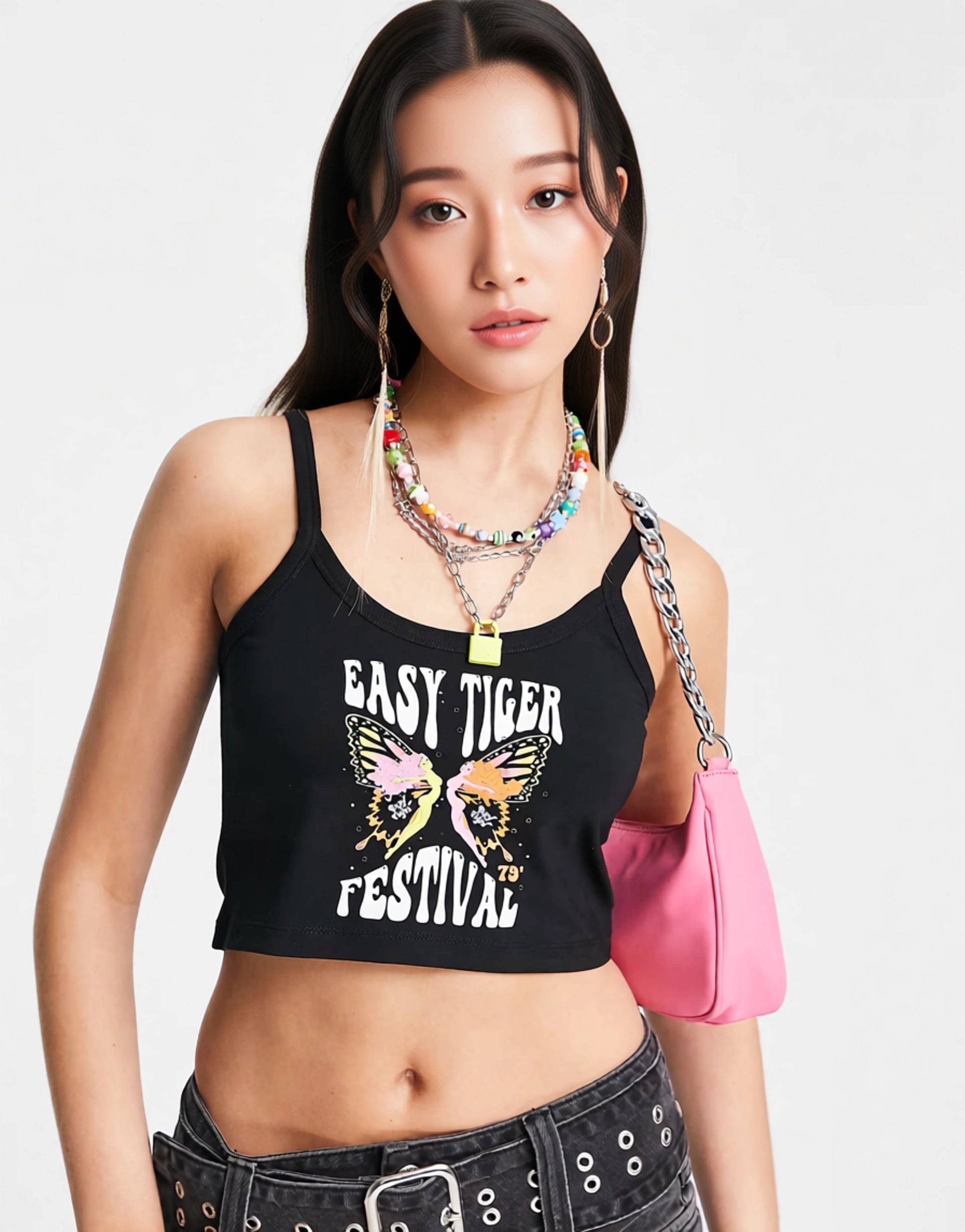 Womens Easy Tiger Crop Vest Top With Festival Butterfly Print