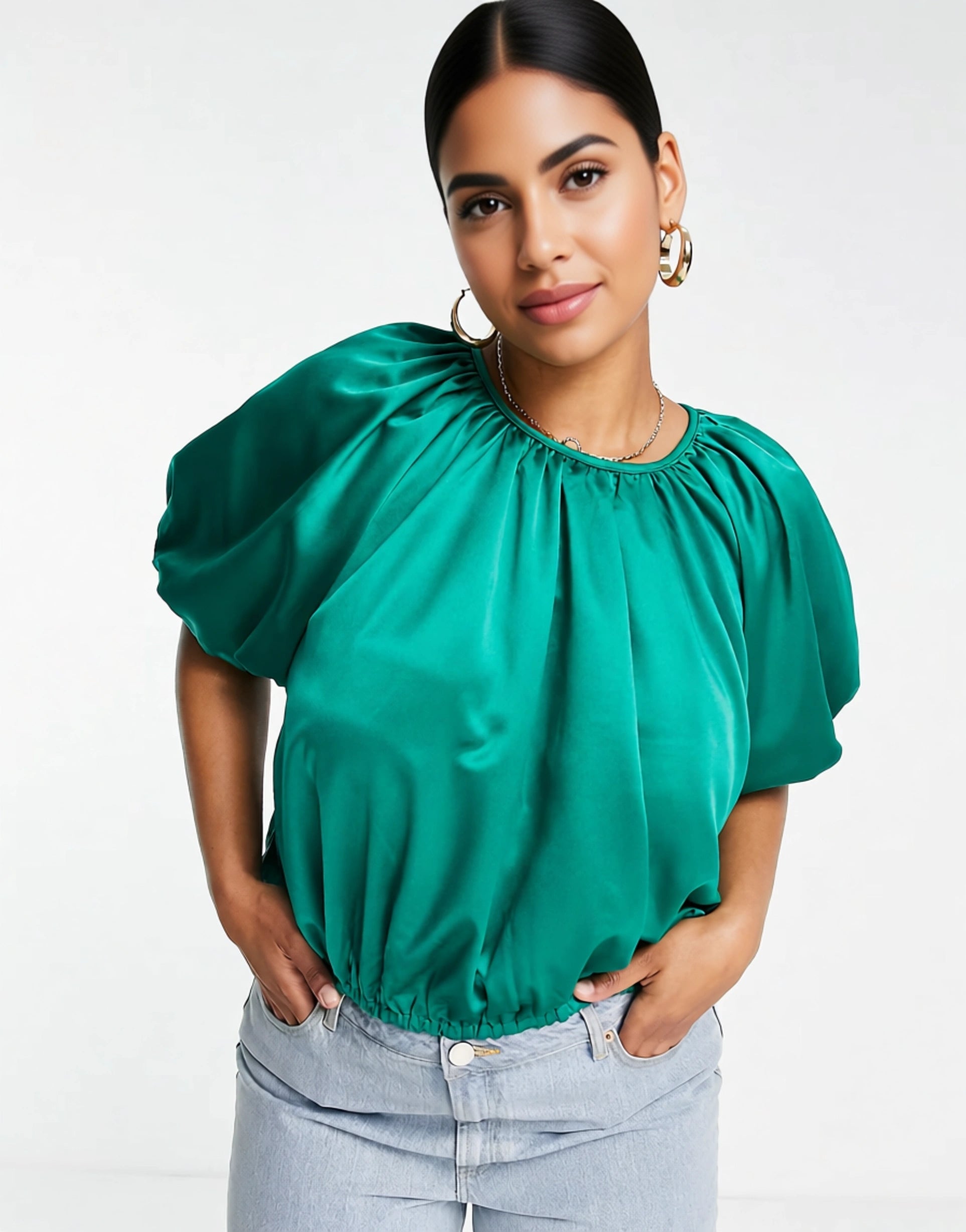 Collective the Label Curve Womens Puff Sleeve Crop Top Co-Ord in Emerald In Green