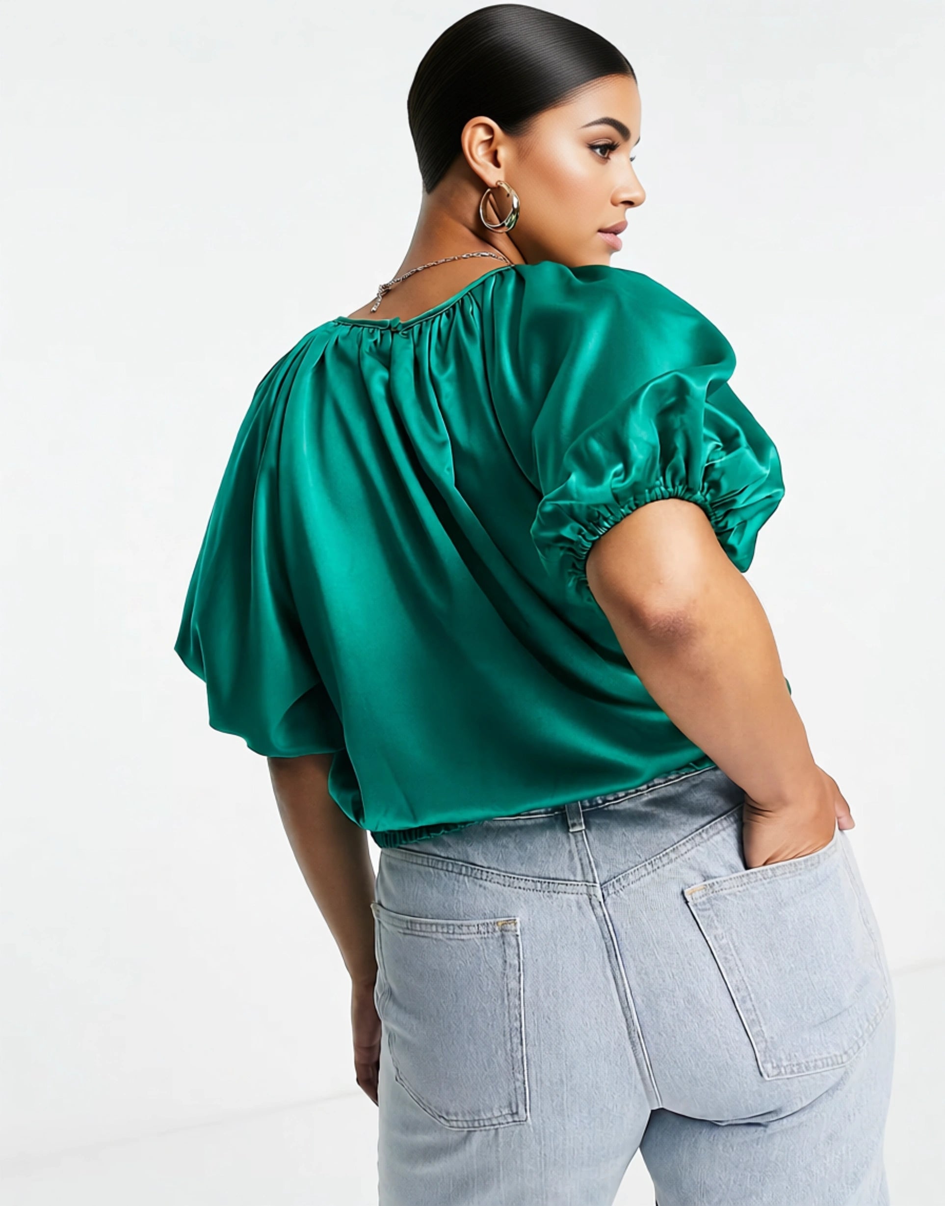 Collective the Label Curve Womens Puff Sleeve Crop Top Co-Ord in Emerald In Green