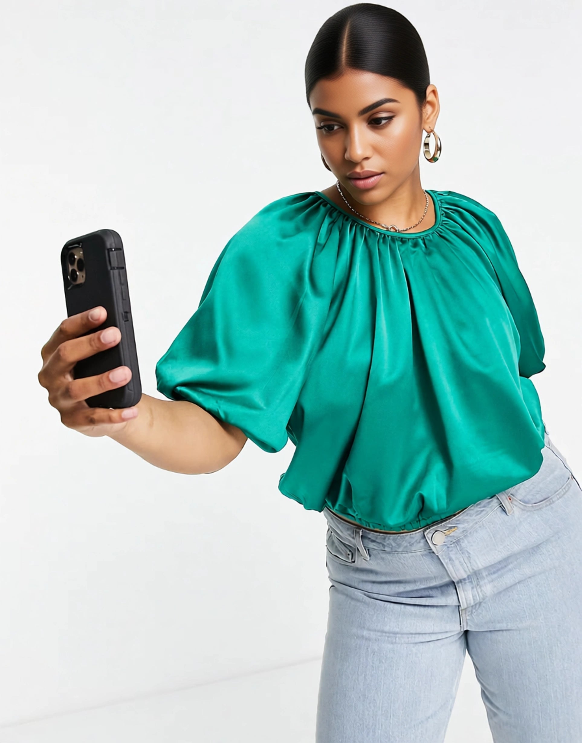 Collective the Label Curve Womens Puff Sleeve Crop Top Co-Ord in Emerald In Green