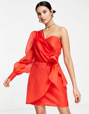 Collective The Label Womens Petite One Shoulder Bow Waist Organza Mini Dress In Red