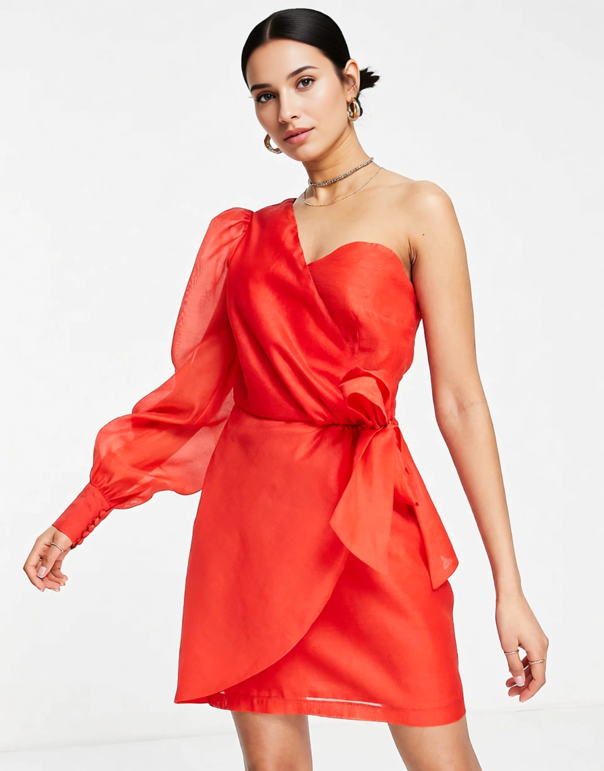 Collective The Label Womens Petite One Shoulder Bow Waist Organza Mini Dress In Red