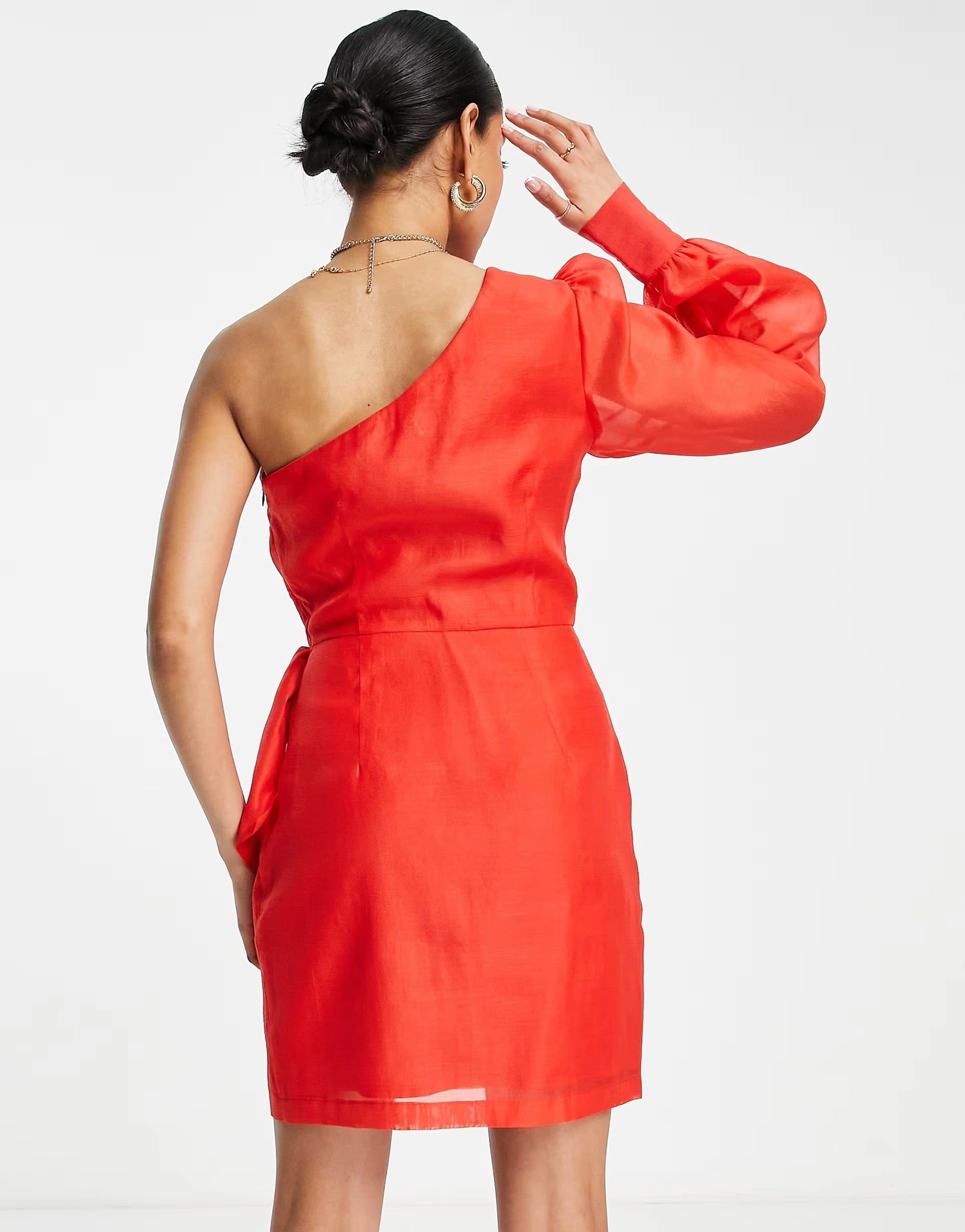 Collective The Label Womens Petite One Shoulder Bow Waist Organza Mini Dress In Red