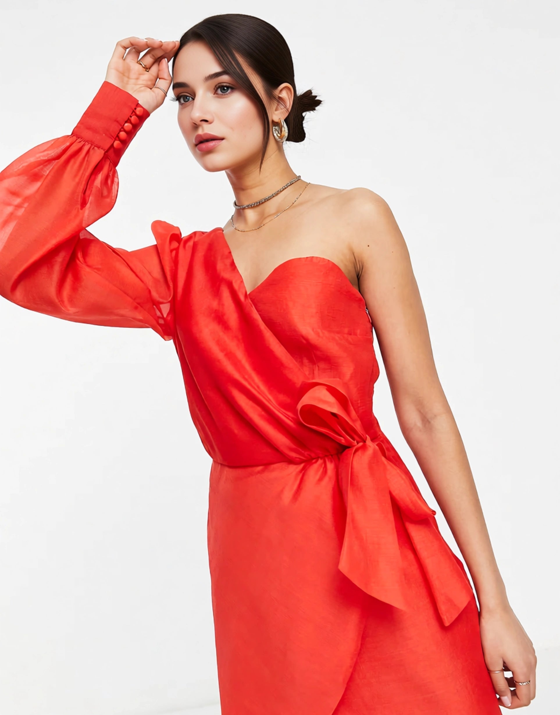 Collective The Label Womens Petite One Shoulder Bow Waist Organza Mini Dress In Red