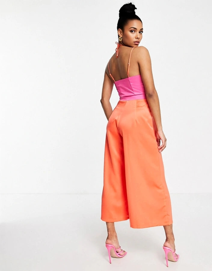 Collective The Label Petite Womens Contrast Wide Leg Jumpsuit in Colour Block In Multi