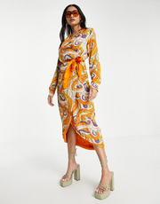 Never Fully Dressed Retro Groove reversible wrap midi dress in orange