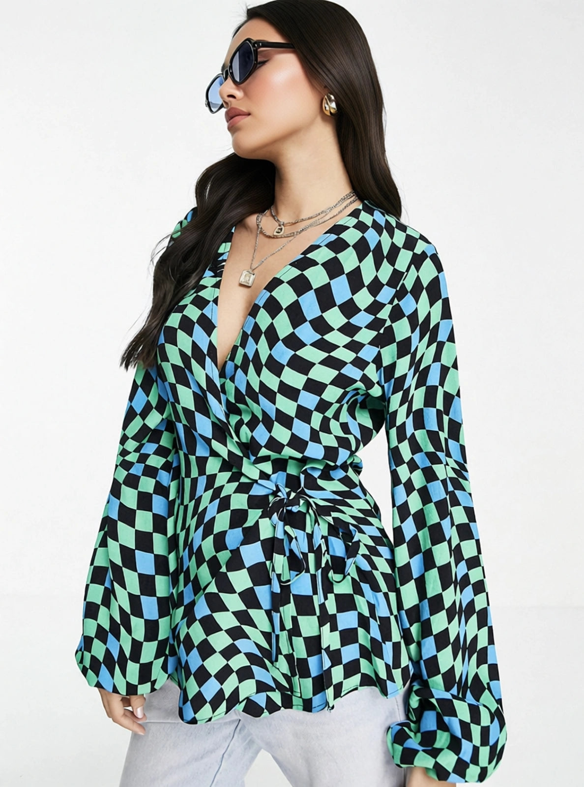 Never Fully Dressed Womens Warped Checkerboard Wrap Top Co-Ord In Multi