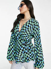 Never Fully Dressed Womens Warped Checkerboard Wrap Top Co-Ord In Multi