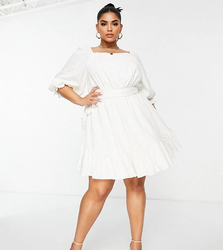 Forever New Curve Womens Puff Sleeve Mini Dress in Porcelain In White