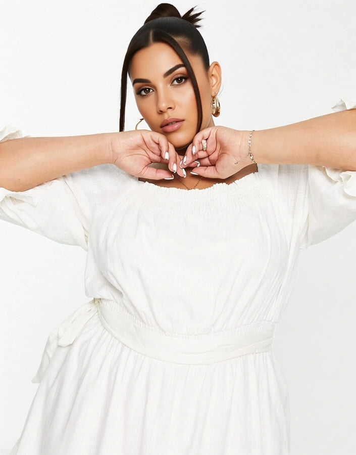 Forever New Curve Womens Puff Sleeve Mini Dress in Porcelain In White