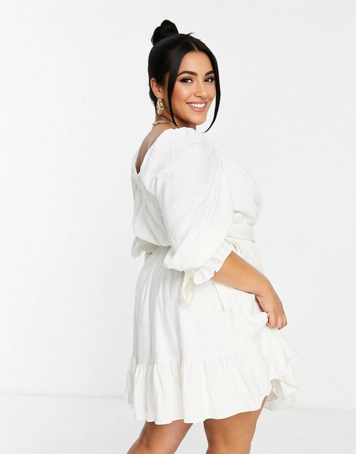 Forever New Curve Womens Puff Sleeve Mini Dress in Porcelain In White