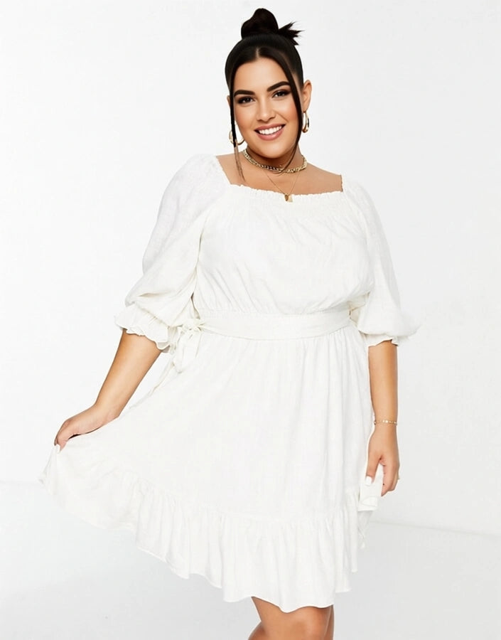 Forever New Curve Womens Puff Sleeve Mini Dress in Porcelain In White