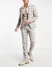Devils Advocate Mens Straight Leg Suit Trousers in Ecru Check In Grey