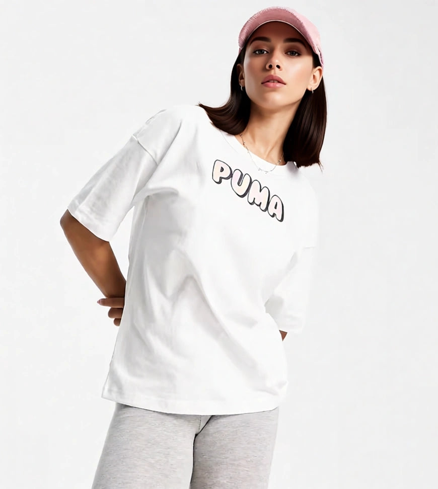 Puma Womens Marble Bubble Font T-Shirt in Pink And White