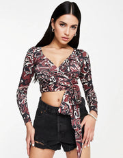 Monki Womens Wrap Long Sleeve Cropped Top in Brown Swirl Print