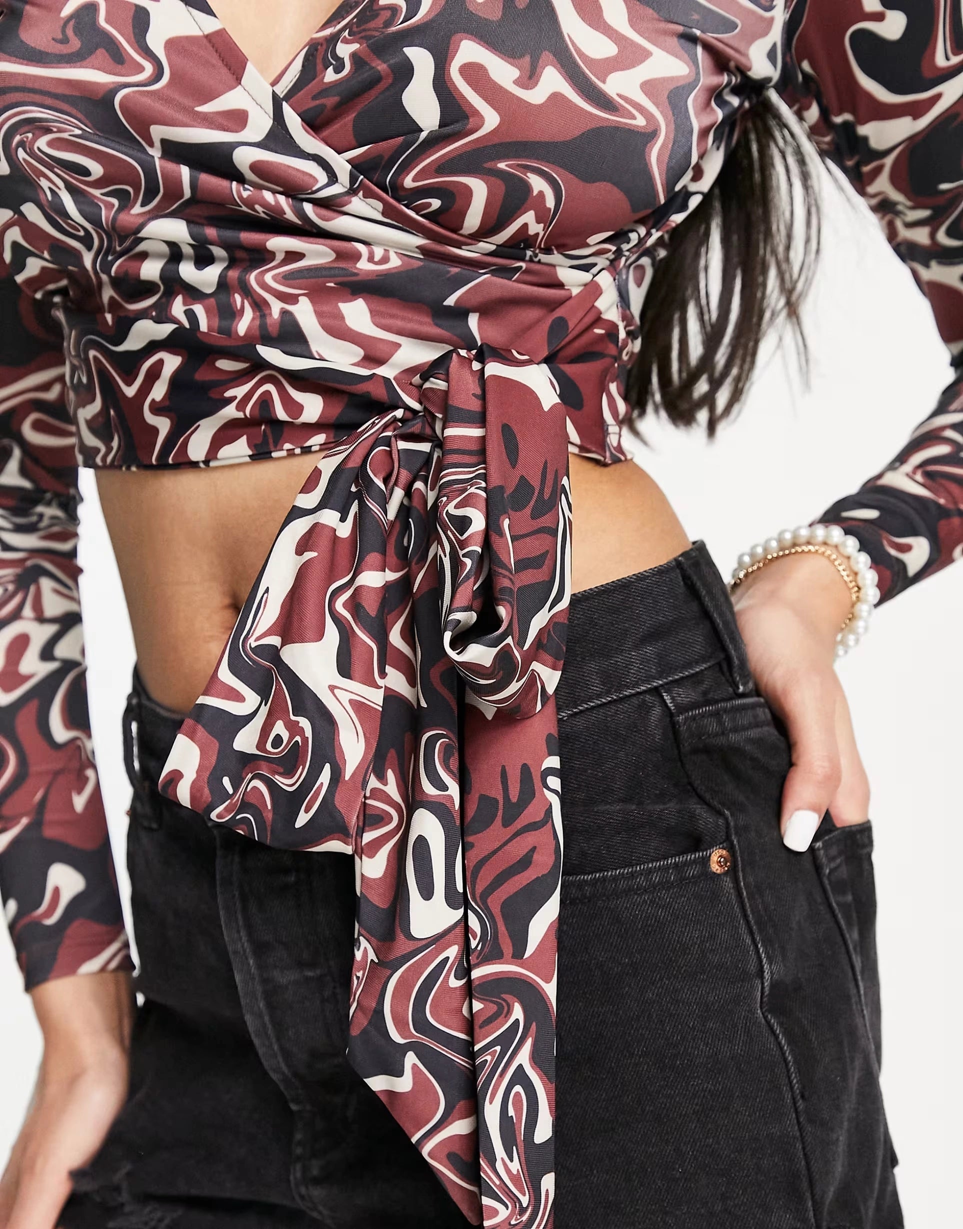 Monki Womens Wrap Long Sleeve Cropped Top in Brown Swirl Print