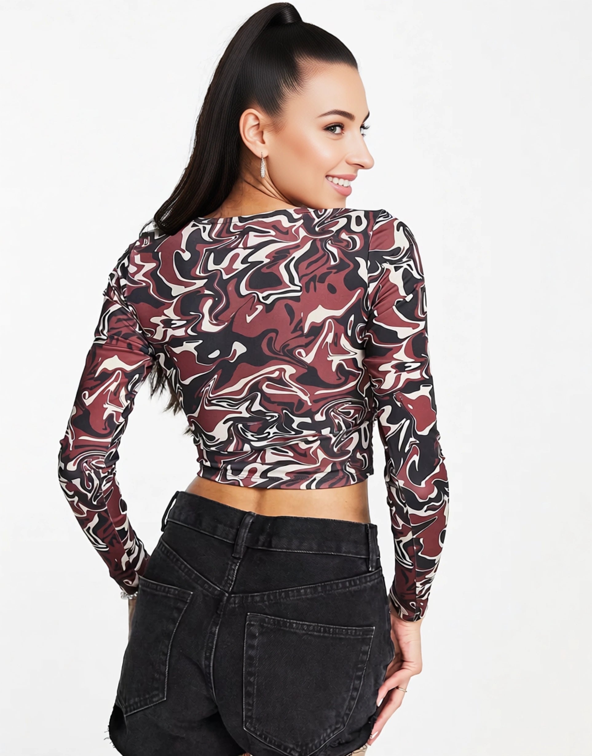 Monki Womens Wrap Long Sleeve Cropped Top in Brown Swirl Print