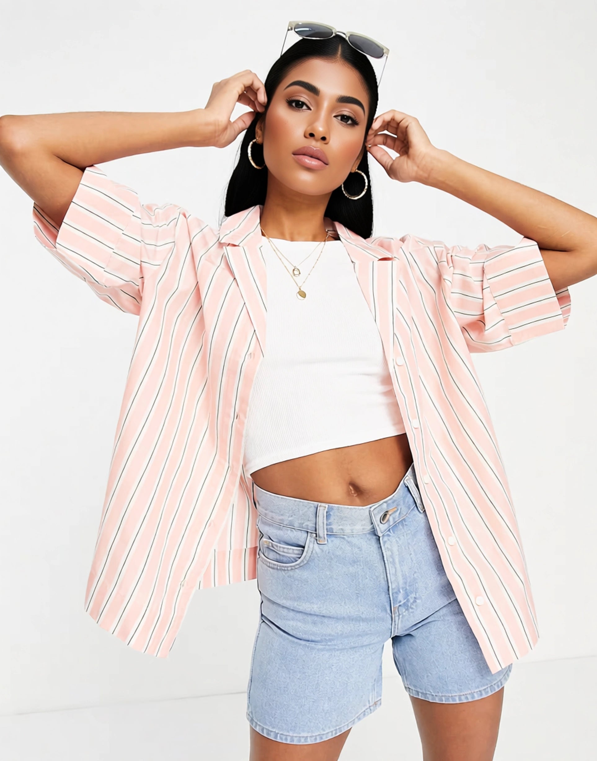 Monki Womens Co-Ord Revere Collar Shirt in Pink Stripe