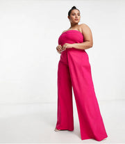 Vesper Plus Women's Bandeau Ruffle Detail Jumpsuit in Raspberry In Pink