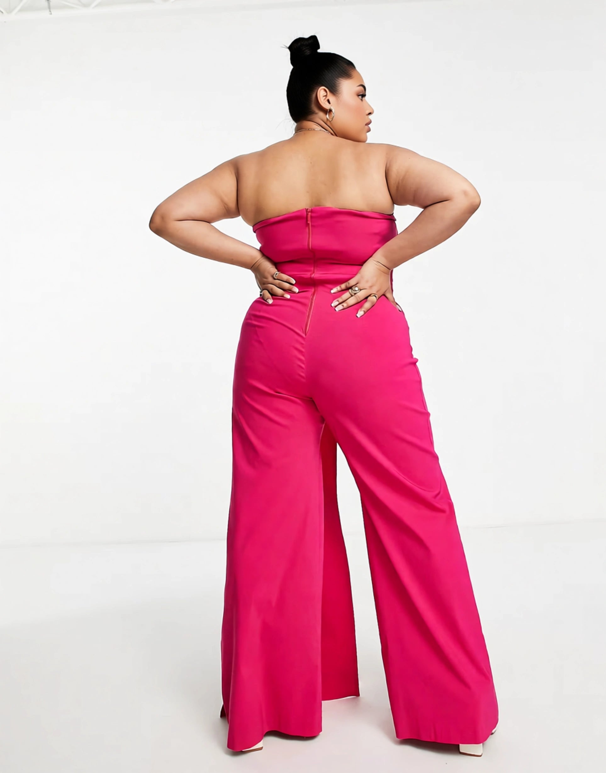 Vesper Plus Women's Bandeau Ruffle Detail Jumpsuit in Raspberry In Pink