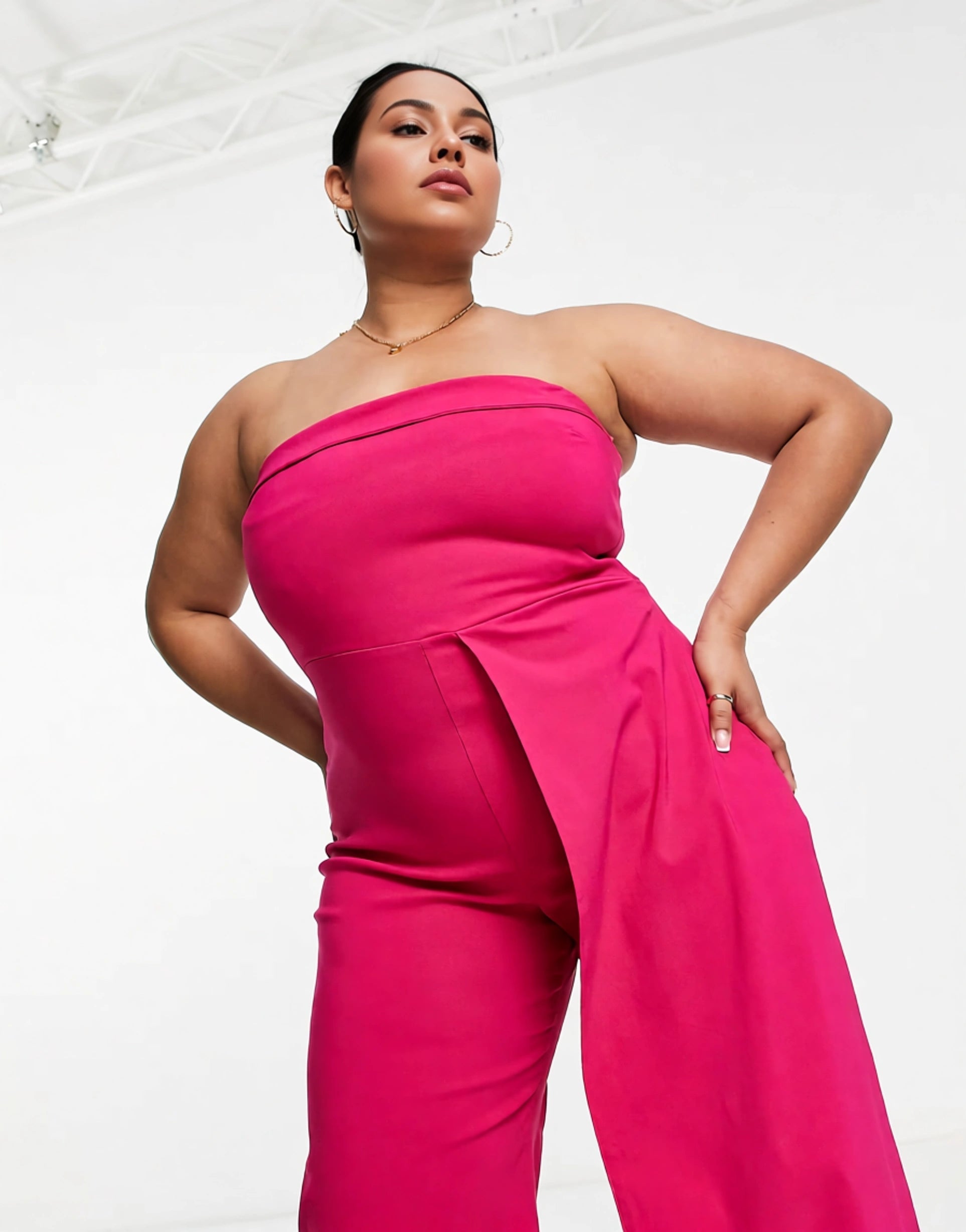 Vesper Plus Women's Bandeau Ruffle Detail Jumpsuit in Raspberry In Pink