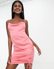 Rebellious Fashion Womens Satin Cowl Front Ruched Side Mini Dress In Pink