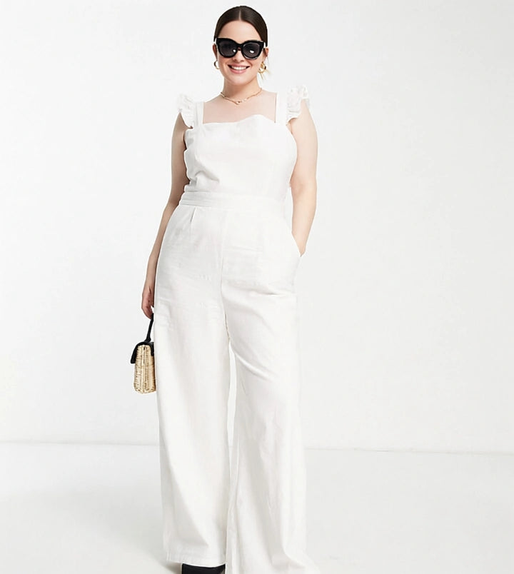 In The Style Plus Womens Frill Sleeve Belted Jumpsuit In White