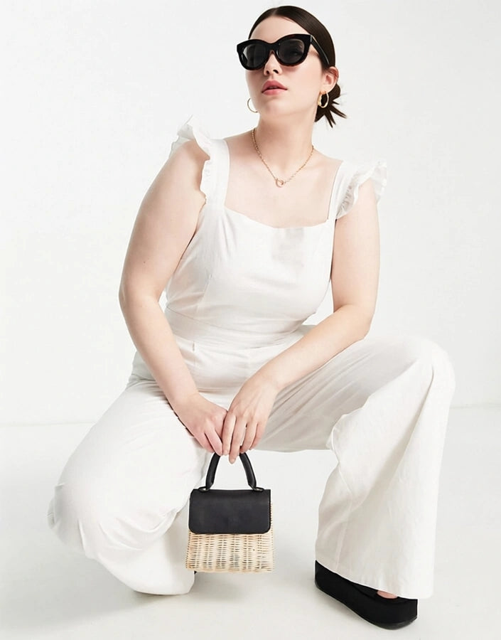 In The Style Plus Womens Frill Sleeve Belted Jumpsuit In White