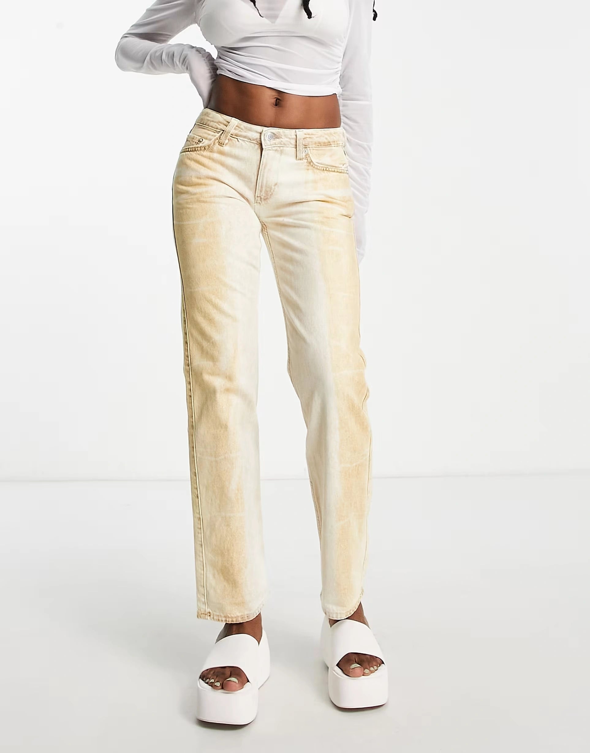 Weekday Womens Cotton Faded Straight Leg Jeans in Brown And White