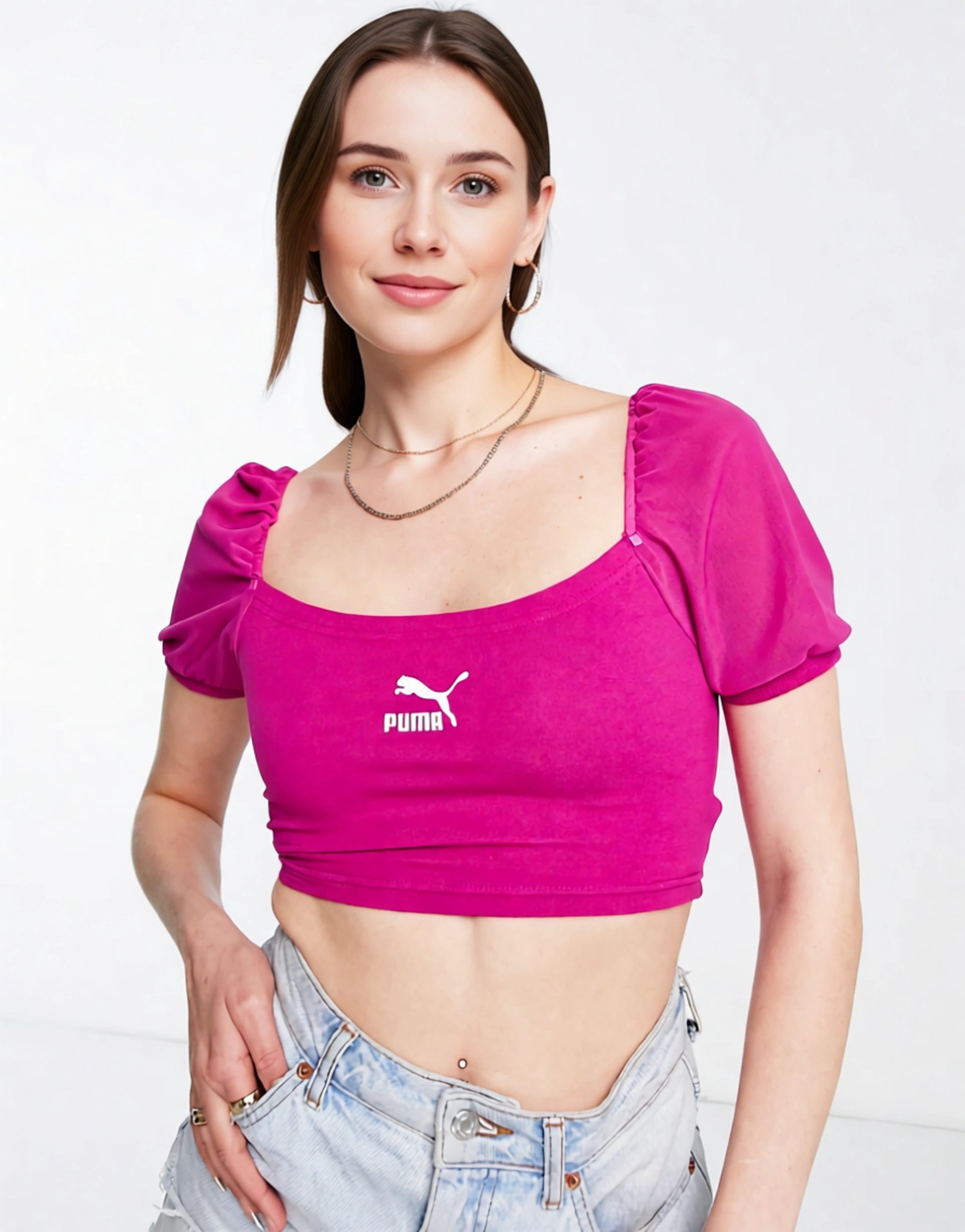 Puma Womens Organza Puff Sleeve Crop Top in Pink