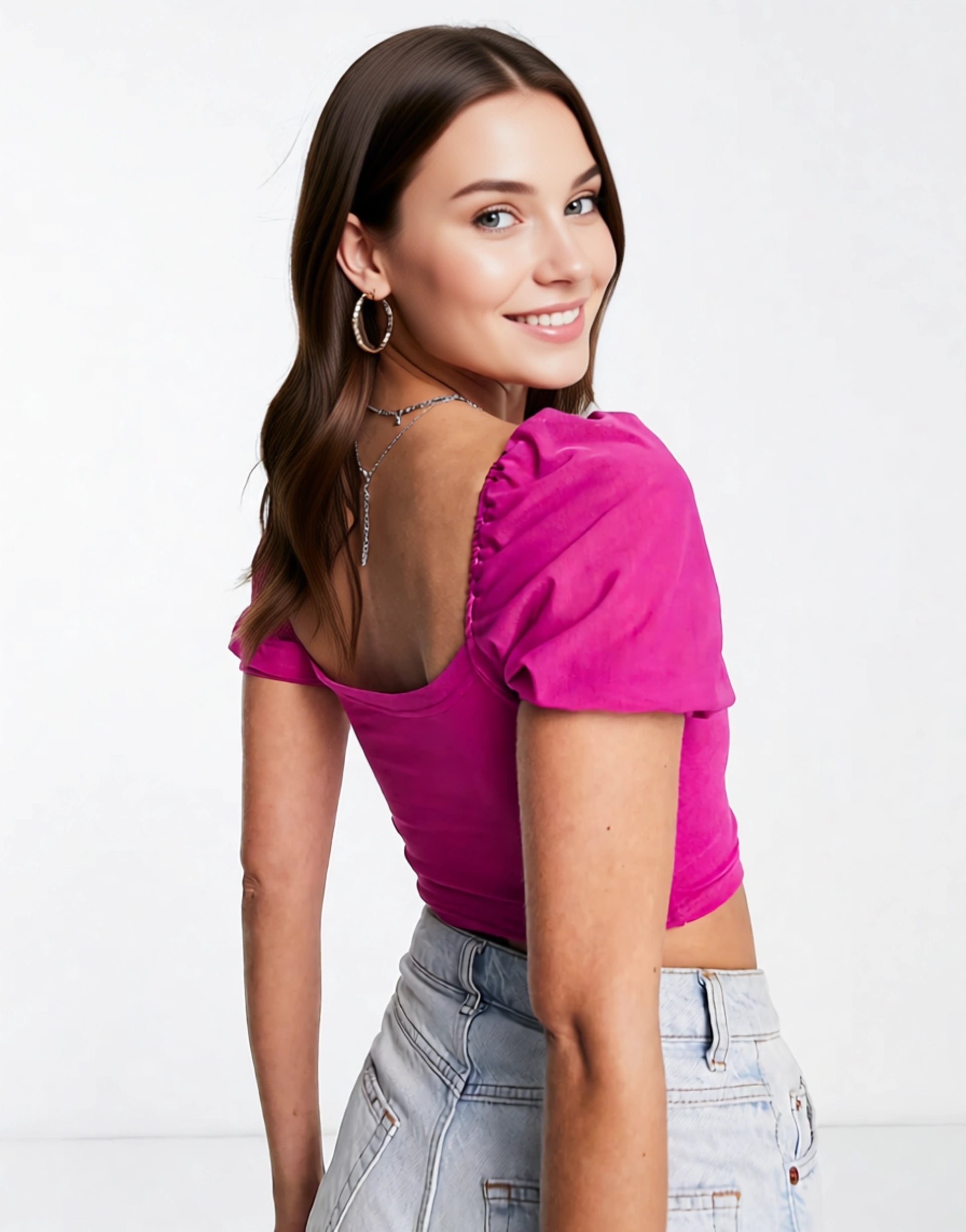 Puma Womens Organza Puff Sleeve Crop Top in Pink