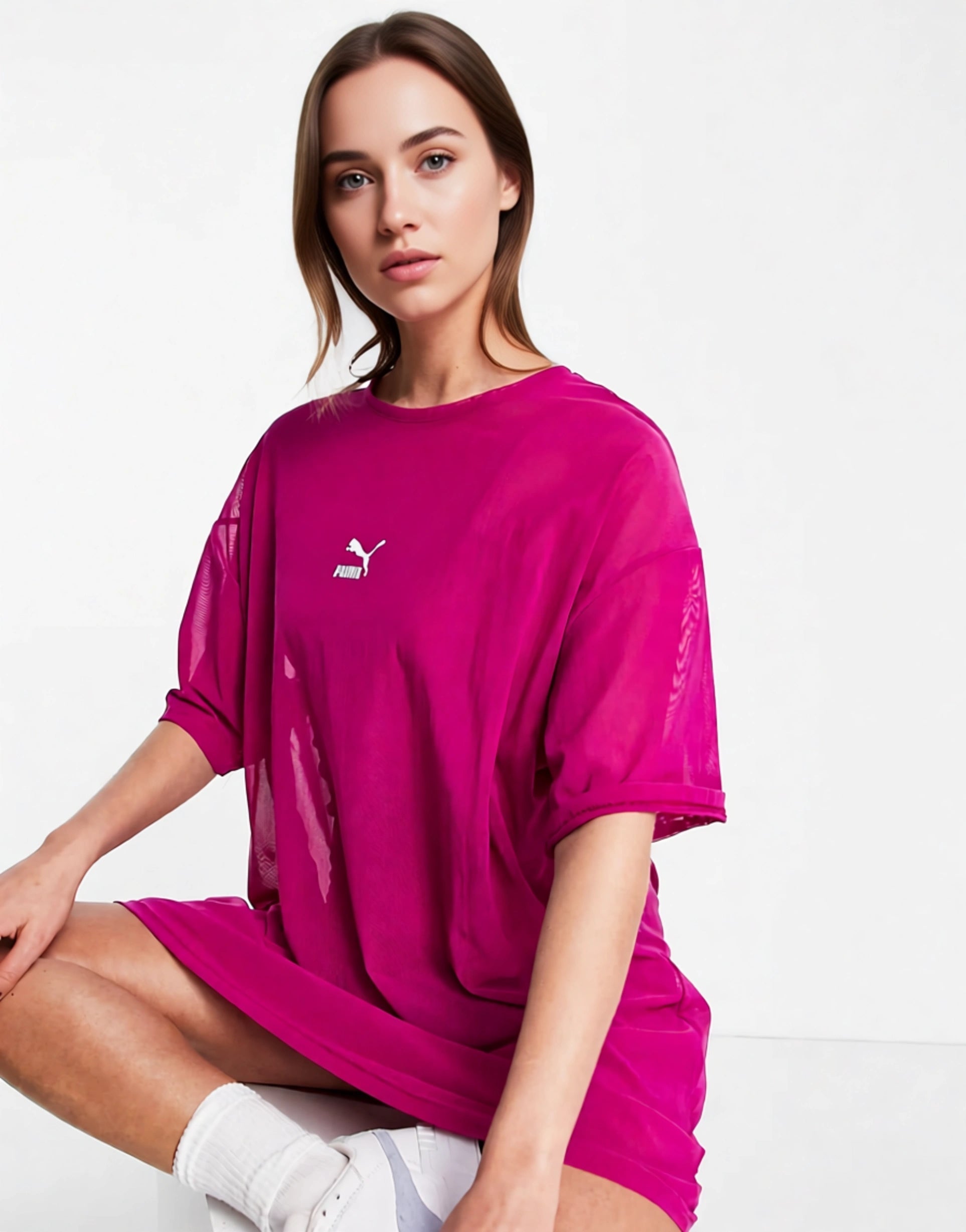 Puma Womens Organza Mesh T-Shirt Dress in Pink