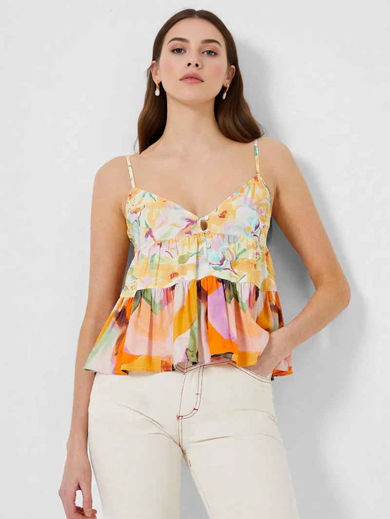 French Connection Women's Smock Cami Top in Contrast Print In Multi
