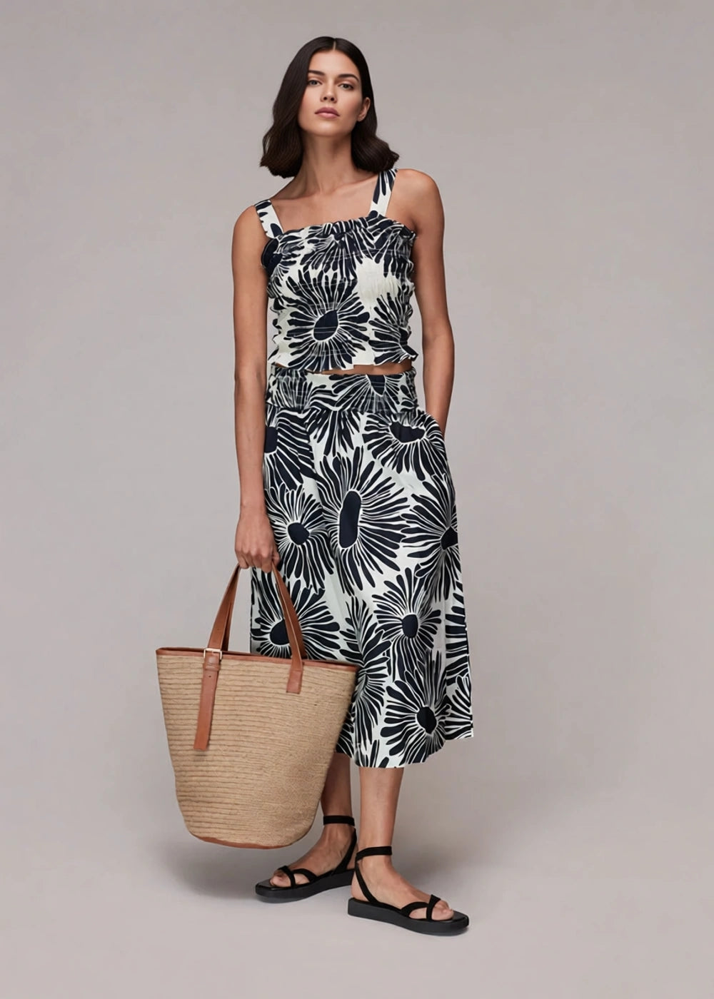 Whistles Women's High Waist Midi Skirt in Contrast Daisy Print Co-Ord In Black