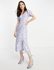 Whistles Womens Puff Sleeve Midi Tea Dress in Delicate Floral In Pink