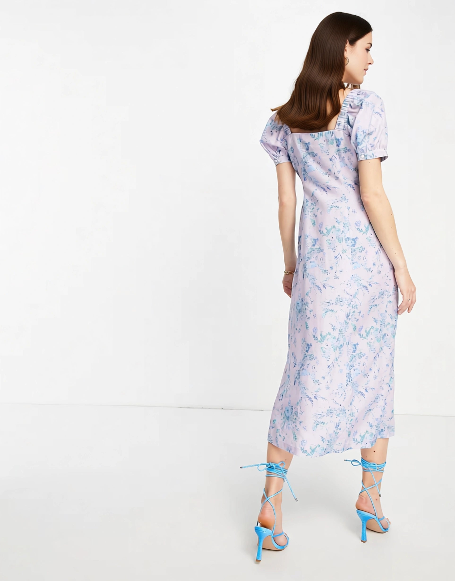 Whistles Womens Puff Sleeve Midi Tea Dress in Delicate Floral In Pink